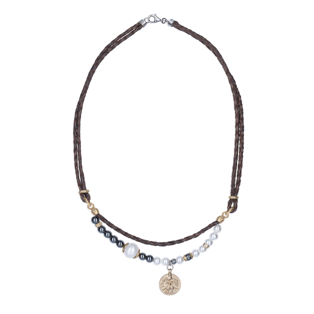 Collar Mujer Saida con Plata 925, bronce, cuero, perlas de agua dulce y hematites