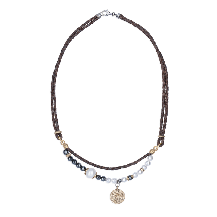 Collar Mujer Saida con Plata 925, bronce, cuero, perlas de agua dulce y hematites