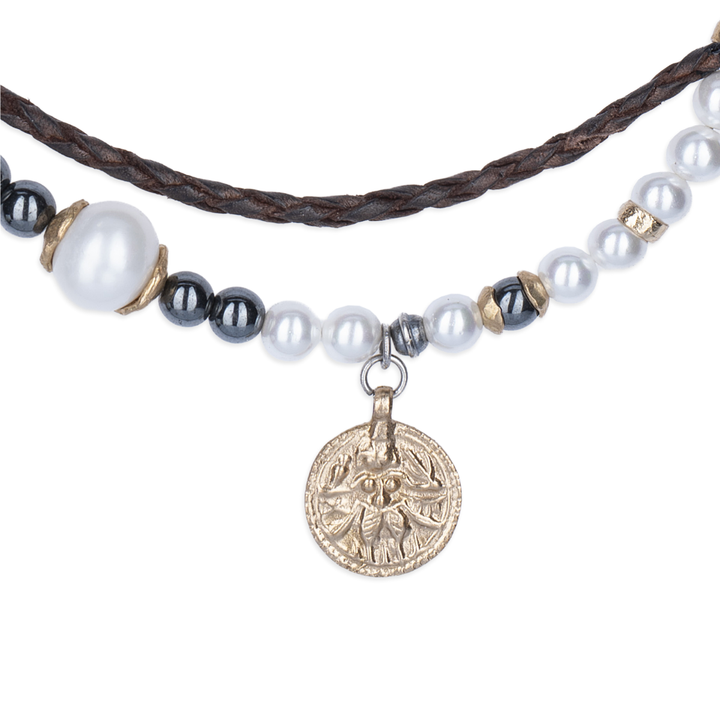 Collar Mujer Saida con Plata 925, bronce, cuero, perlas de agua dulce y hematites