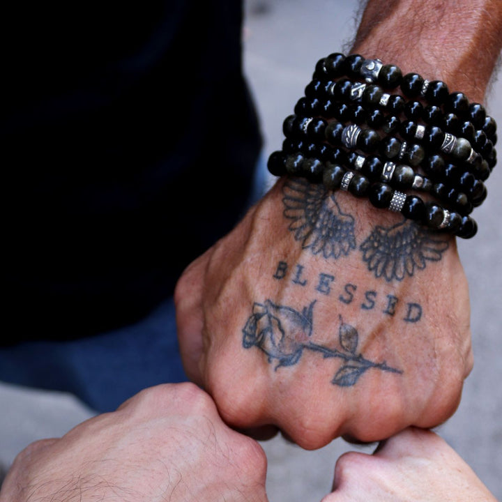 Pulsera de bolas de hombre Zankoku de obisidiana y plata 925