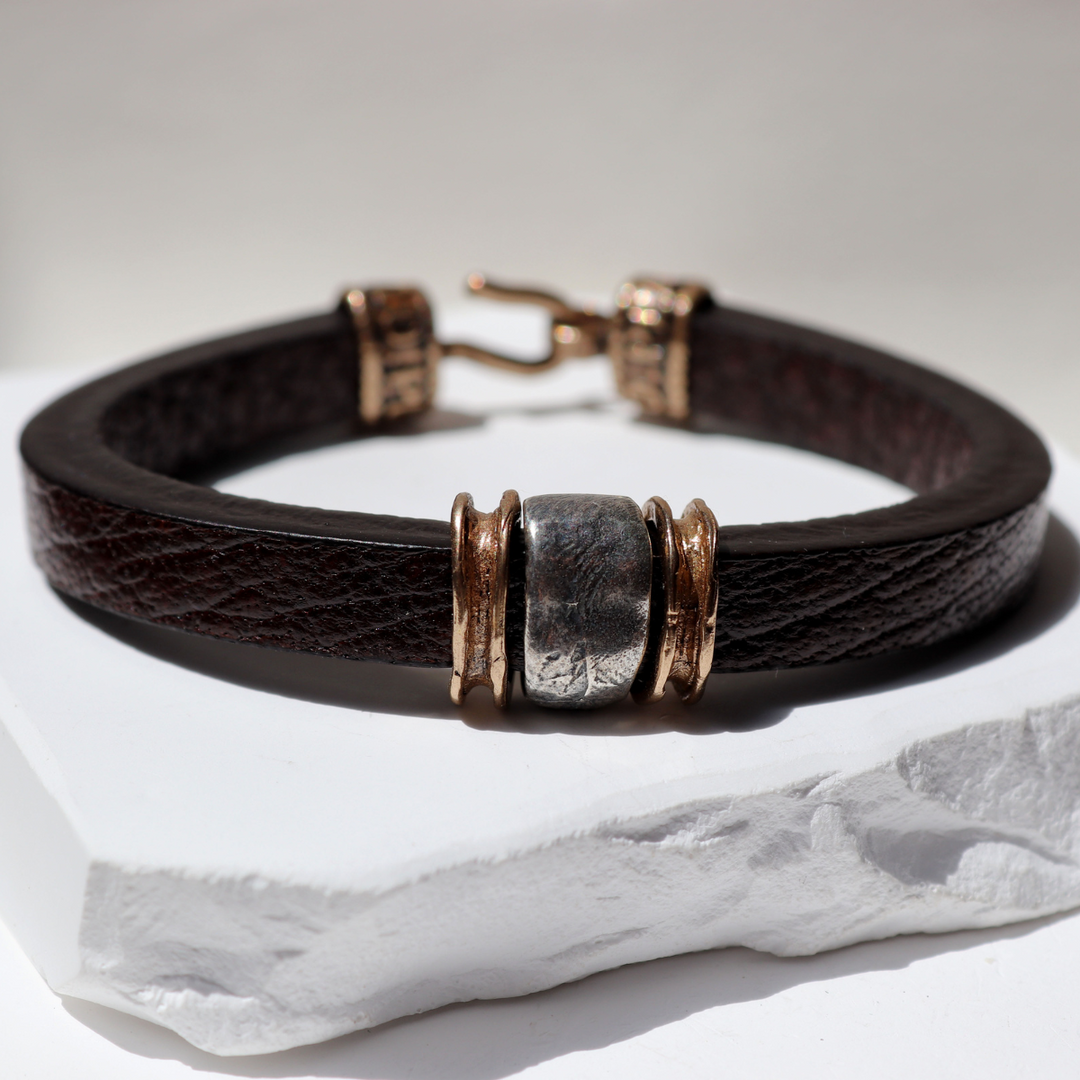 Kokyu Men's Leather Bracelet with 925 Silver and Bronze Pieces
