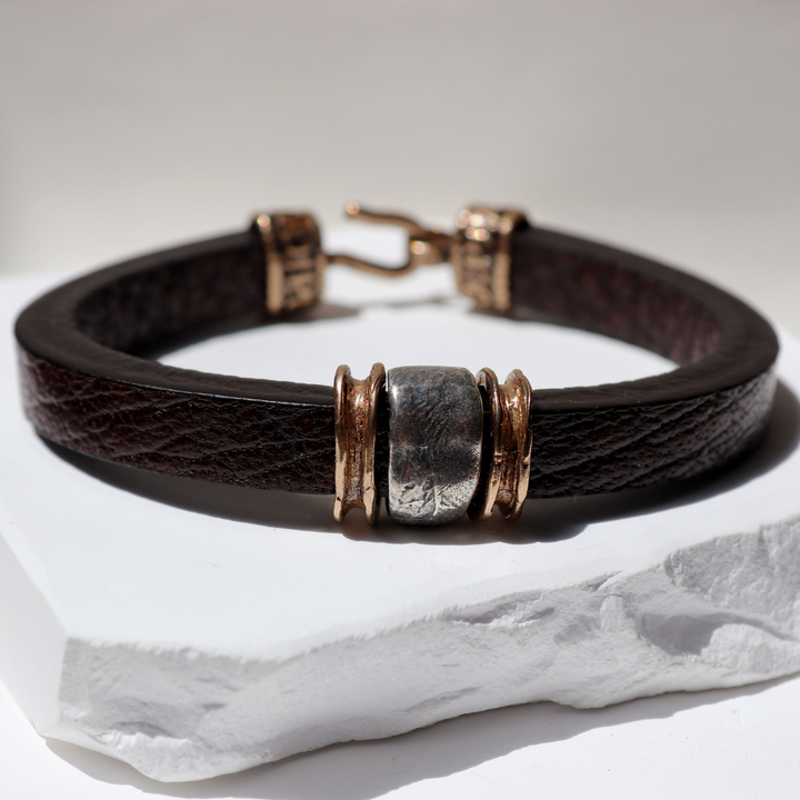 Kokyu Men's Leather Bracelet with 925 Silver and Bronze Pieces