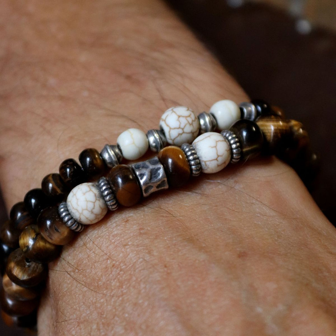 Pulsera de bolas hombre Soma de ojo de tigre con piezas de piedra blanca y plata 925