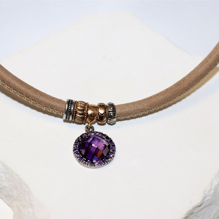Collar Mujer Menara de Plata 925 con circonitas amatista cuero
