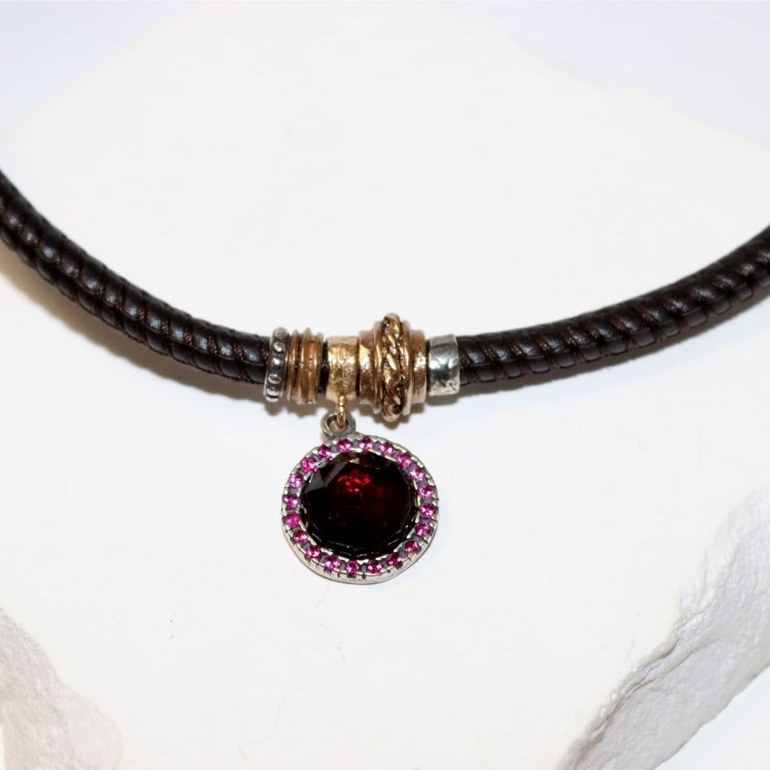 Collar Mujer Sienna de Plata 925 con circonitas granate cuero