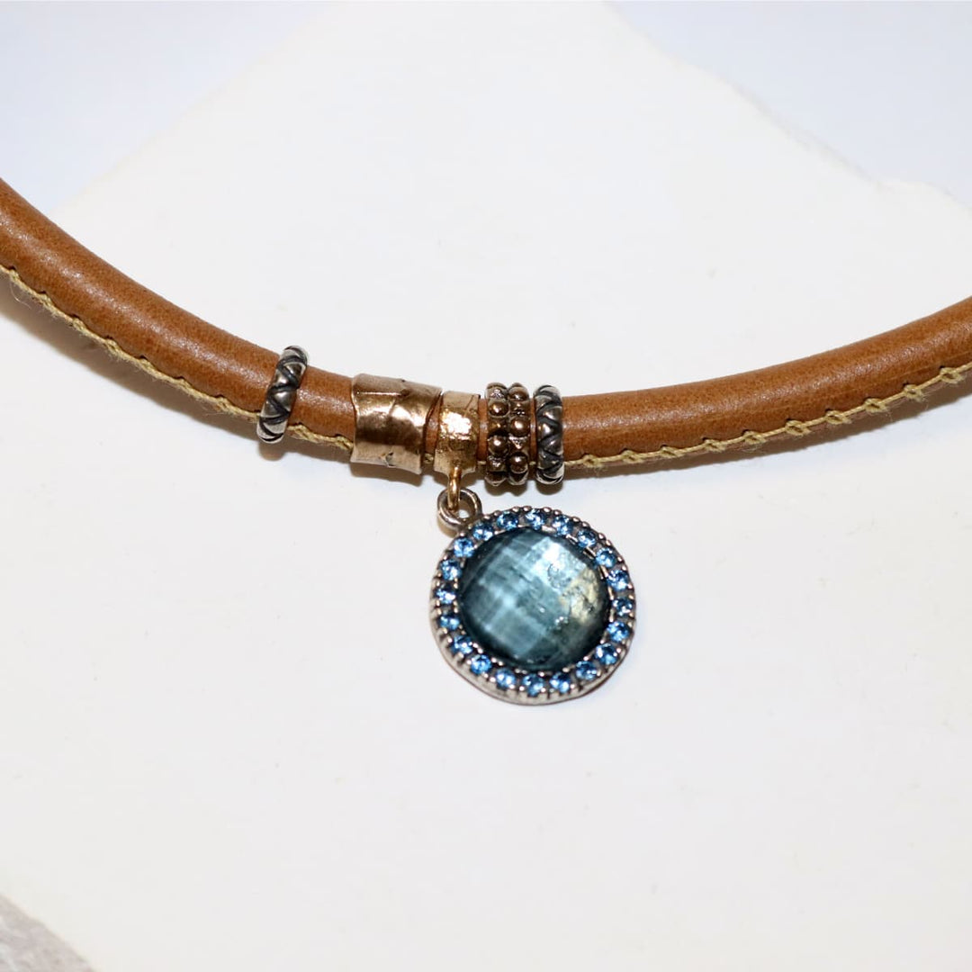 Collar Mujer Bruma de Plata 925 con circonitas aguamarina cuero