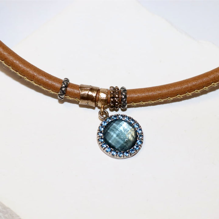 Collar Mujer Bruma de Plata 925 con circonitas aguamarina cuero