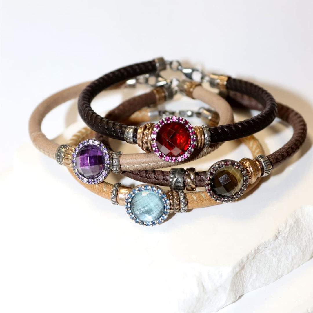 Pulsera Mujer Sienna de Plata 925 con circonitas granate cuero