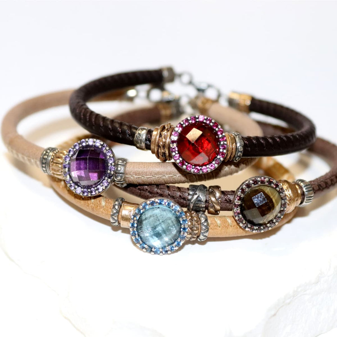 Pulsera Mujer Bruma de Plata 925 con circonitas aguamarina cuero