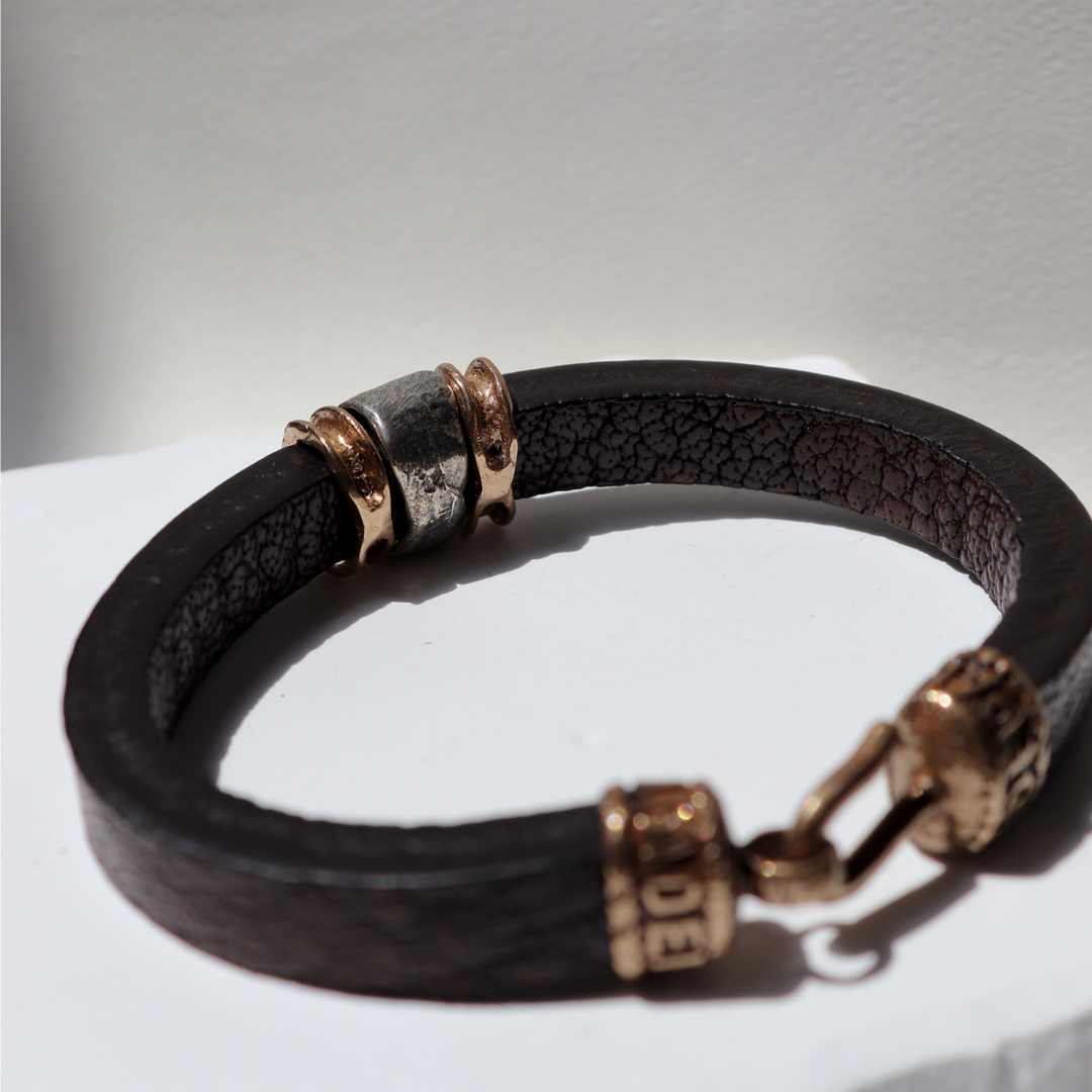 Kokyu Men's Leather Bracelet with 925 Silver and Bronze Pieces