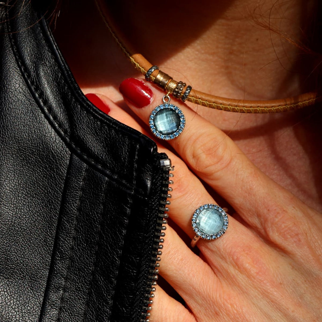 Collar Mujer Bruma de Plata 925 con circonitas aguamarina cuero
