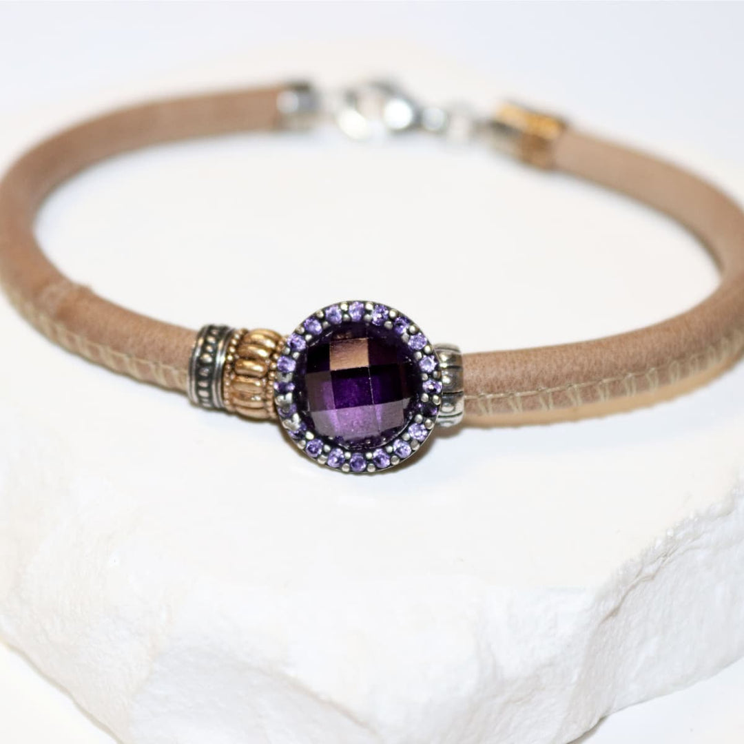 Pulsera Mujer Menara de Plata 925 con circonitas amatista cuero