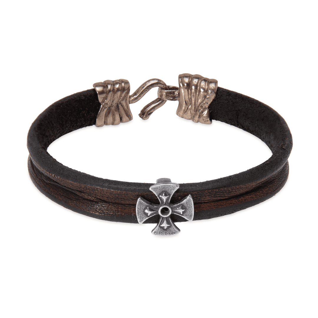 Chikara Men's Leather Bracelet with 925 Silver Cross