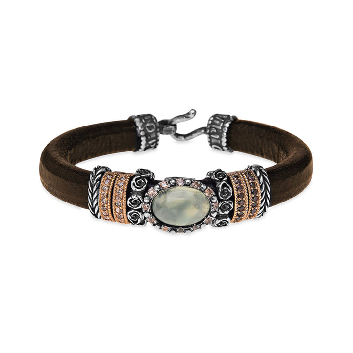 Sher Women's Bracelet in Brown Leather and Prehnite