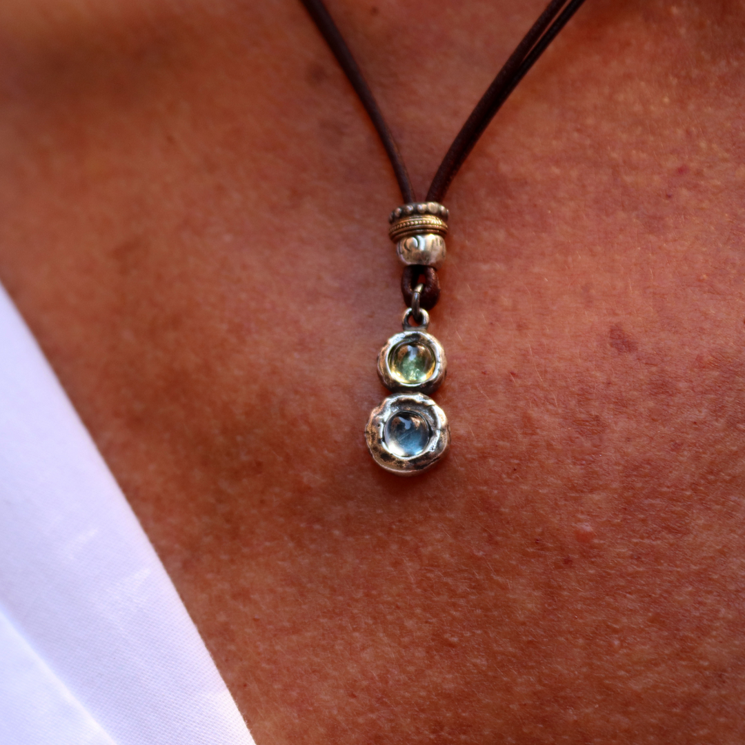 Shinkai Damen Lederkette in 925 Silber mit Aquamarin und Olivin