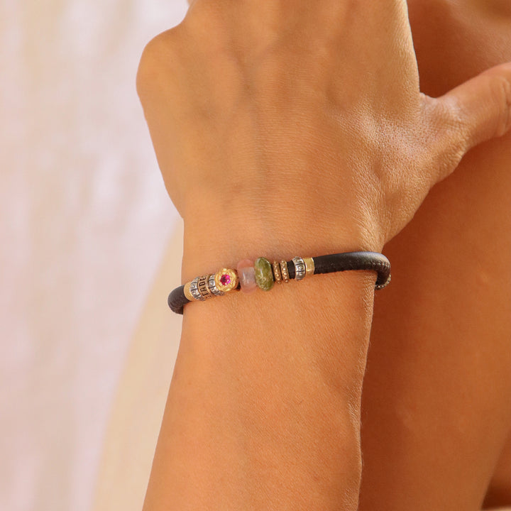 Carbo Women's Leather Bracelet with Two-Tone Pink and Green Crystal