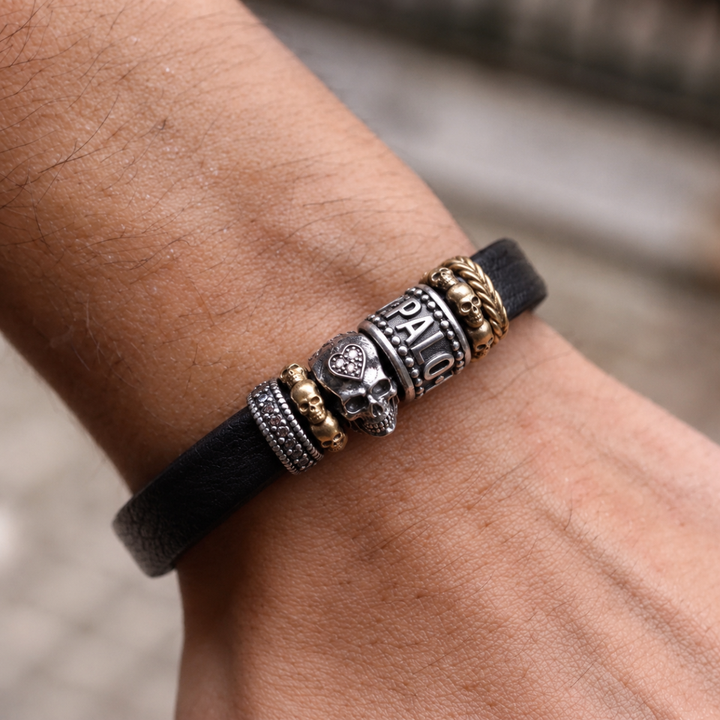 Jaques Totenkopf Armband aus Leder und 925 Silber