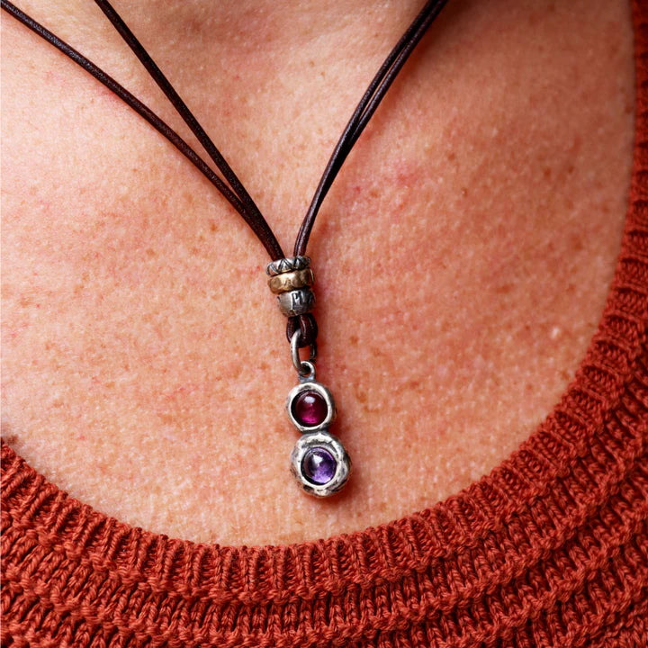 Kage women's leather necklace with 925 silver pendant and ruby ​​and amethyst 