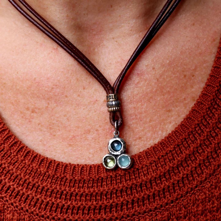 Kaiko women's leather necklace in 925 silver with aquamarine, green, and olivine.