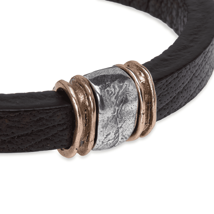 Kokyu Men's Leather Bracelet with 925 Silver and Bronze Pieces