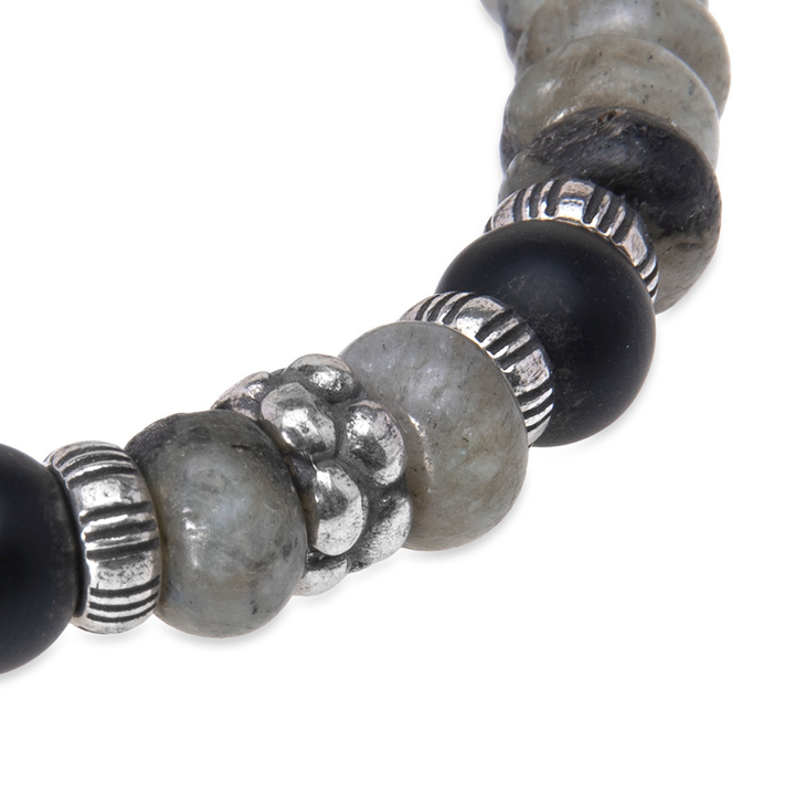 Pulsera de bolas hombre Hozuki de labradorita y ónix con plata 925