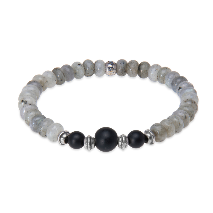 Pulsera de bolas hombre Tsukikage de labradorita y ónix con plata 925