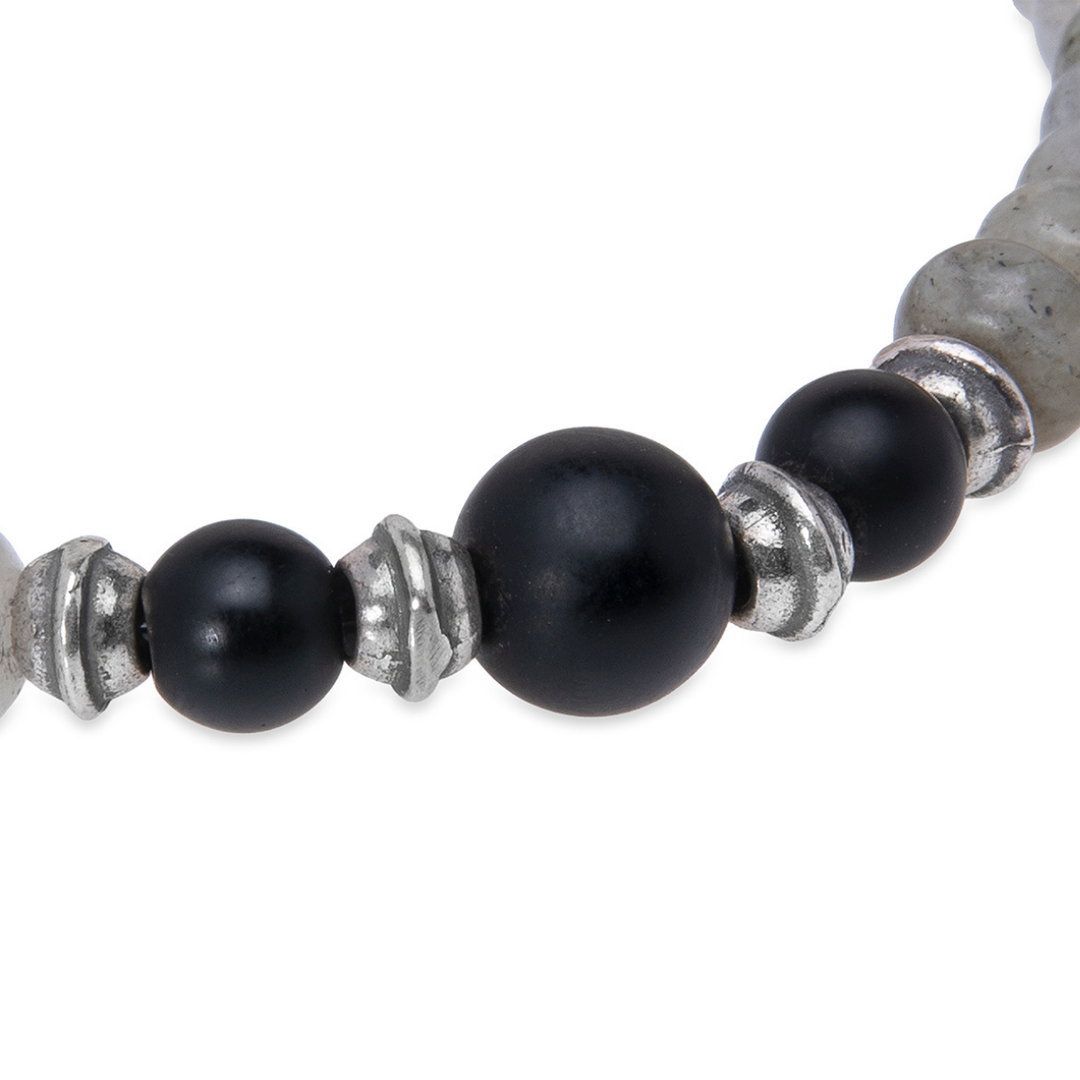 Pulsera de bolas hombre Tsukikage de labradorita y ónix con plata 925