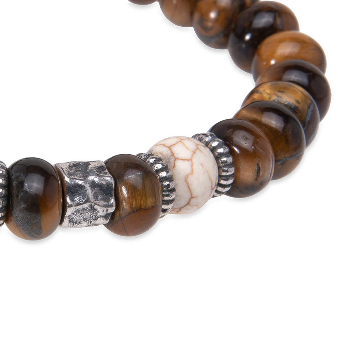 Pulsera de bolas hombre Soma de ojo de tigre con piezas de piedra blanca y plata 925