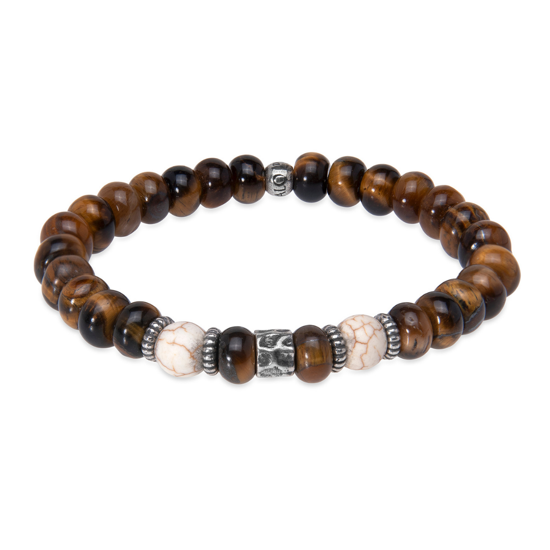 Pulsera de bolas hombre Soma de ojo de tigre con piezas de piedra blanca y plata 925