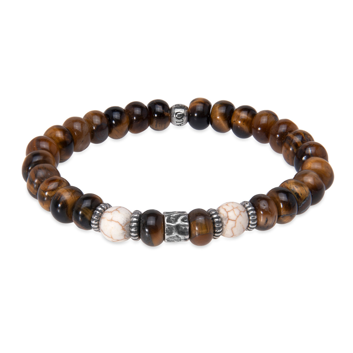 Pulsera de bolas hombre Soma de ojo de tigre con piezas de piedra blanca y plata 925