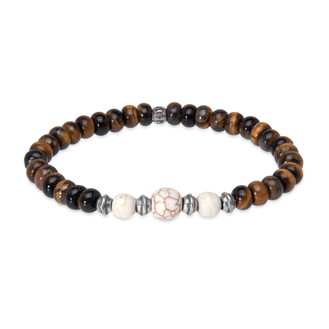 Pulsera de bolas hombre Kagami de ojo de tigre con piezas de piedra blanca y plata 925