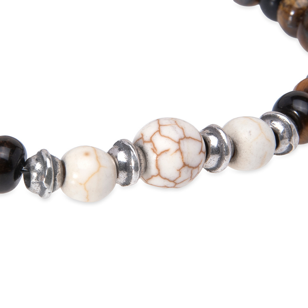 Pulsera de bolas hombre Kagami de ojo de tigre con piezas de piedra blanca y plata 925