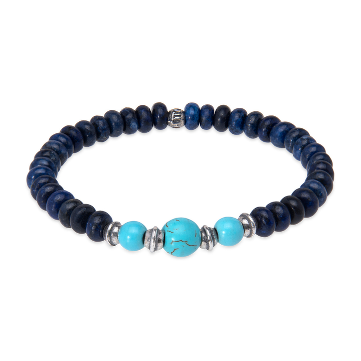 Pulsera de bolas hombre Soryu de lapizlázuli y turquesa con piezas de plata 925