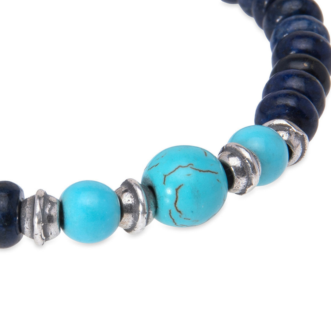 Pulsera de bolas hombre Soryu de lapizlázuli y turquesa con piezas de plata 925