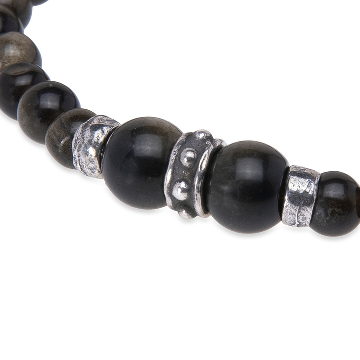 Pulsera de bolas de hombre Nagare de obisidiana y plata 925