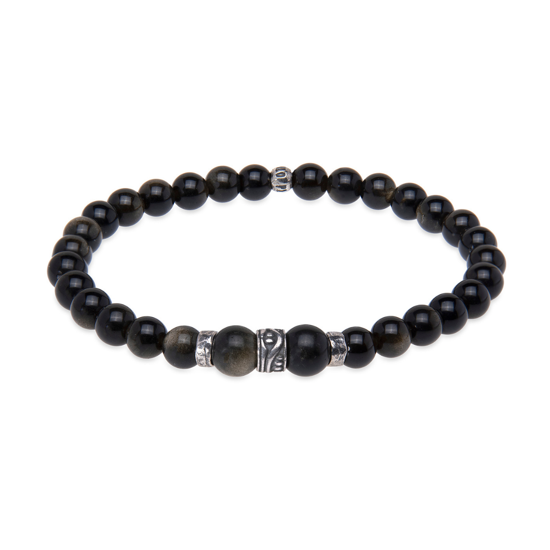 Pulsera de bolas de hombre Shiranui de obisidiana y plata 925