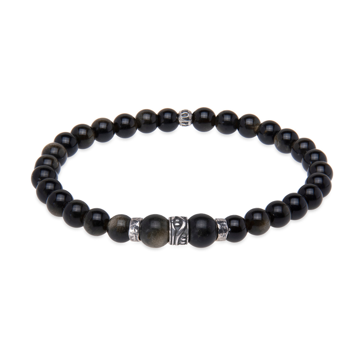 Pulsera de bolas de hombre Shiranui de obisidiana y plata 925