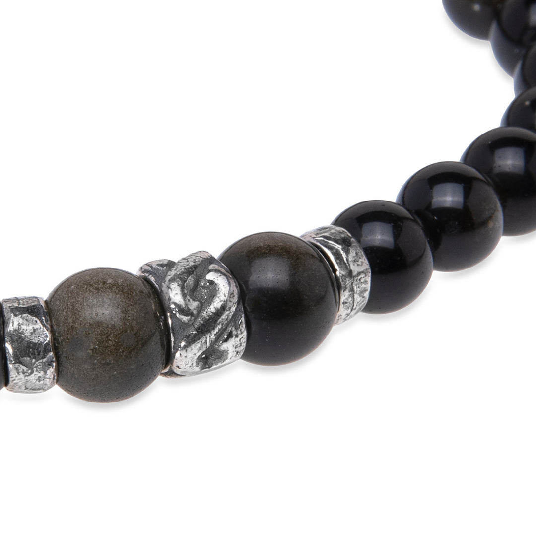 Pulsera de bolas de hombre Shiranui de obisidiana y plata 925