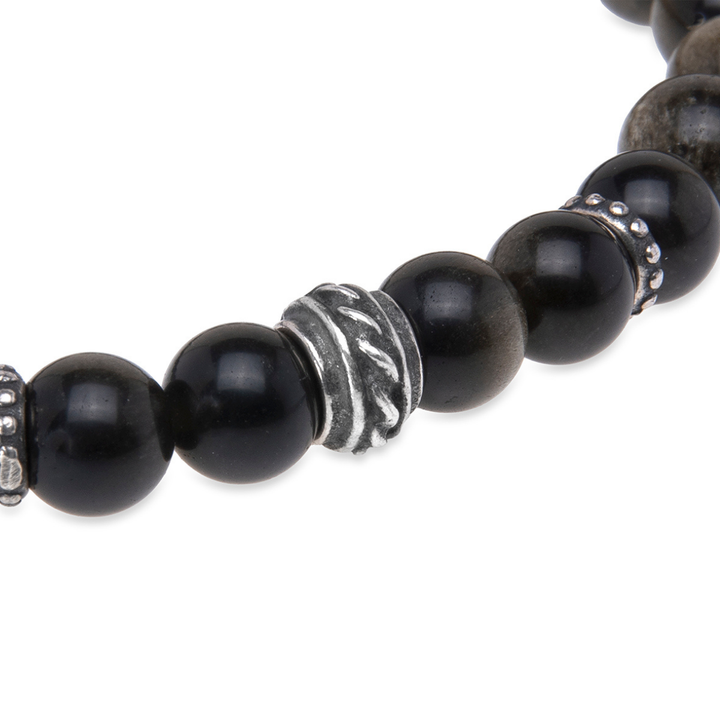 Pulsera de bolas de hombre Seishin de obisidiana y plata 925