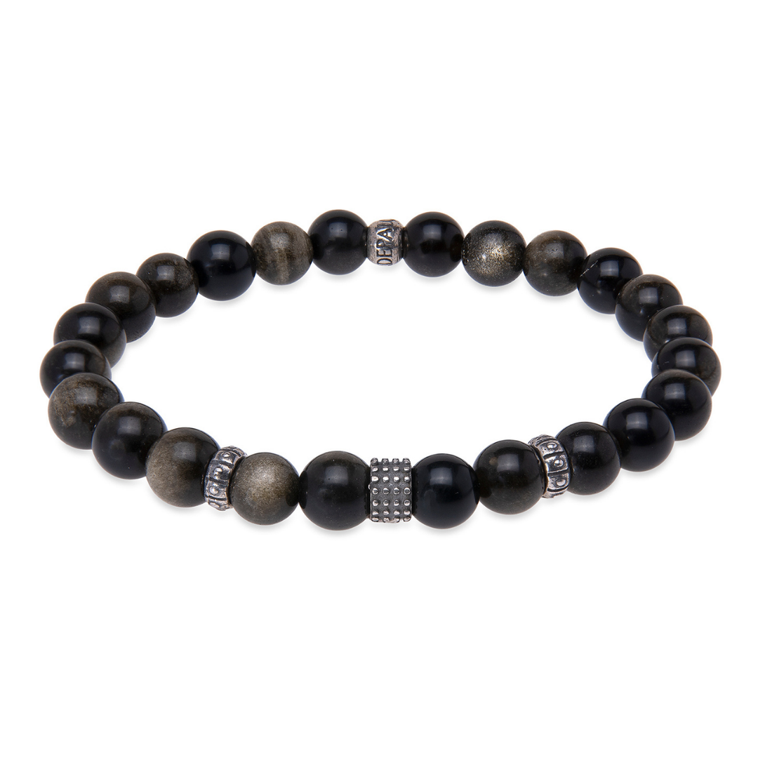 Pulsera de bolas de hombre Gekko de obisidiana y plata 925