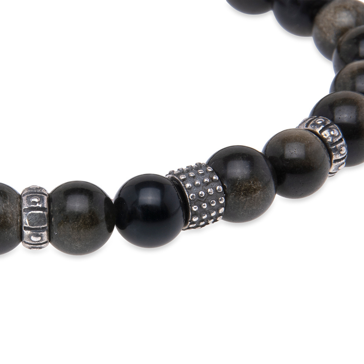 Pulsera de bolas de hombre Gekko de obisidiana y plata 925