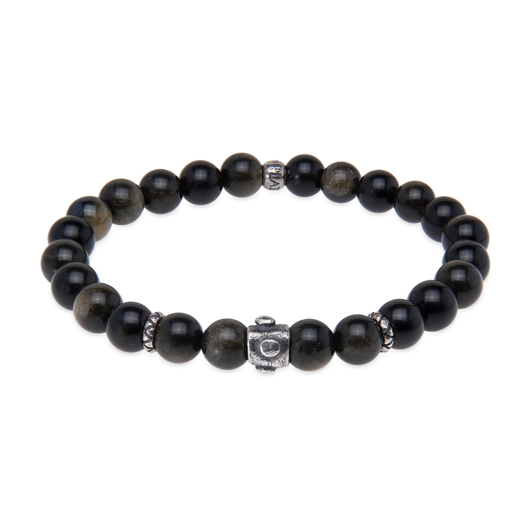 Pulsera de bolas de hombre Zankoku de obisidiana y plata 925