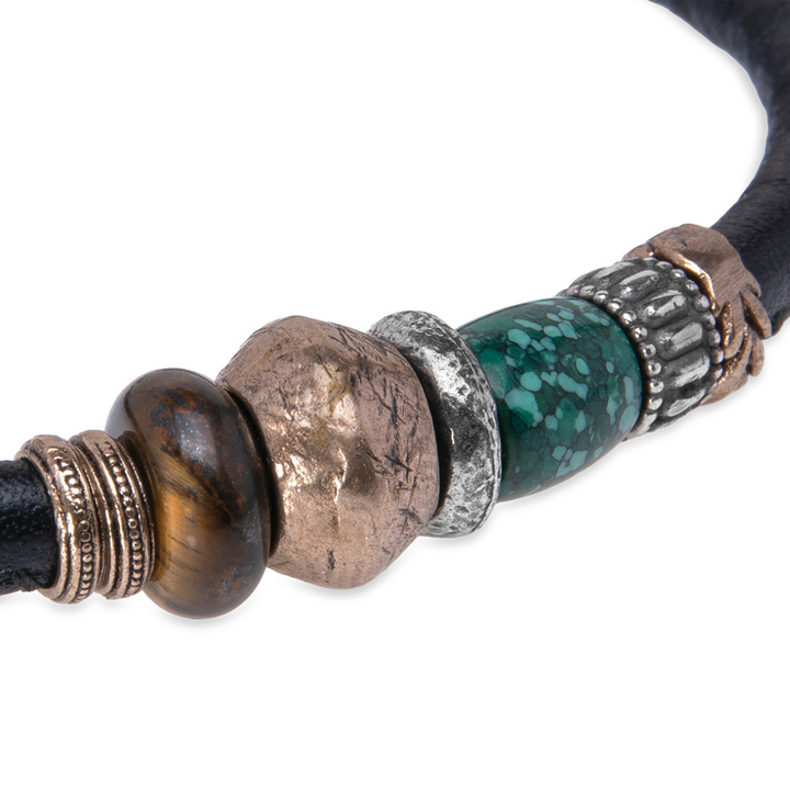 Pulsera Hombre Mikazuki de cuero con ojo de tigre y jade