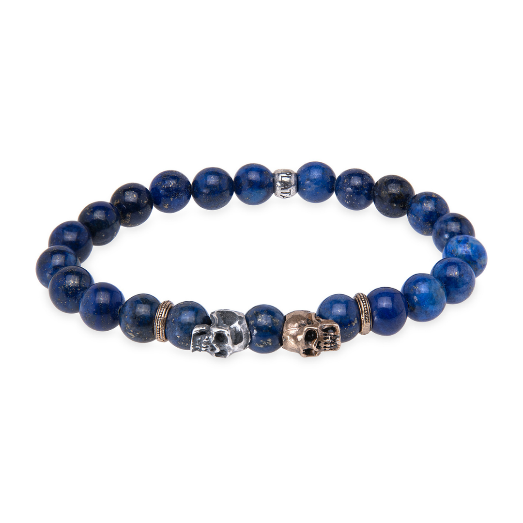 Yūrei blue tiger's eye bead bracelet with 925 silver and bronze skulls