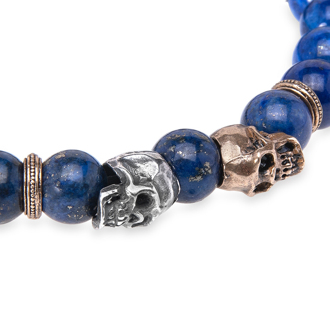 Yūrei blue tiger's eye bead bracelet with 925 silver and bronze skulls
