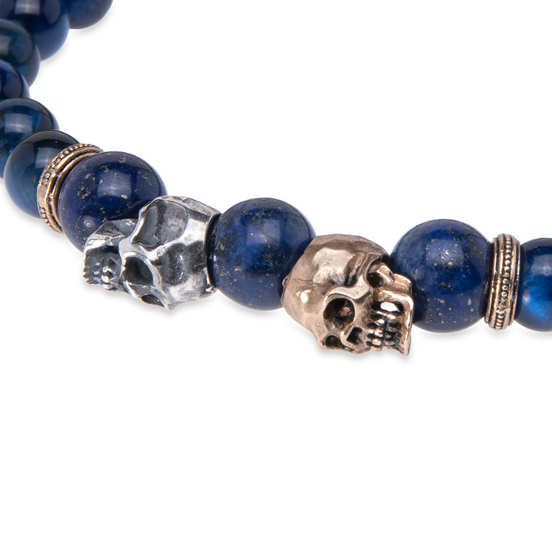 Blaues Tigerauge-Hagakure-Perlenarmband mit Totenköpfen aus 925er Silber und Bronze