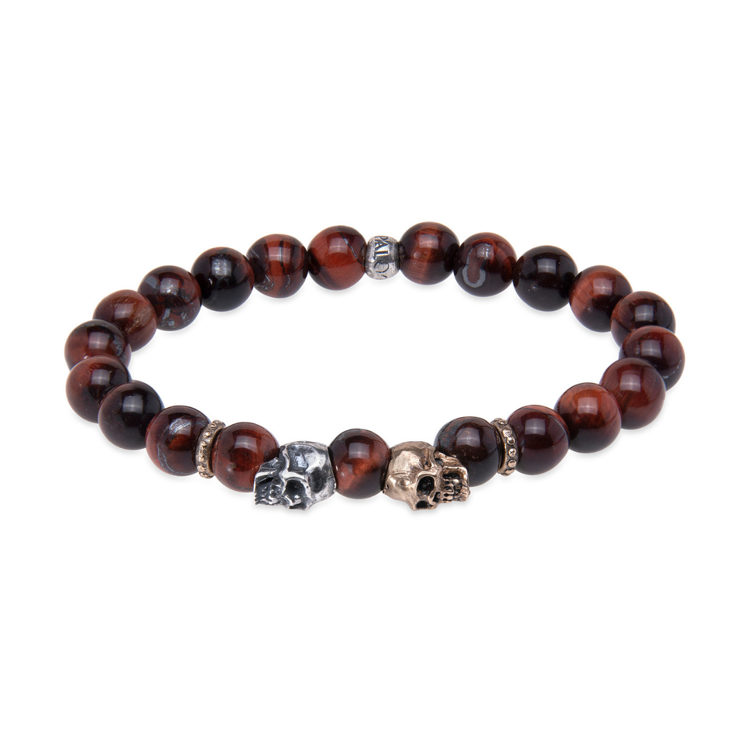 Kaizen bull's eye bead bracelet with 925 silver and bronze skulls