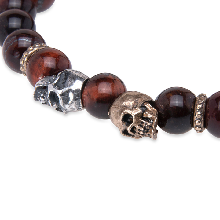 Kaizen bull's eye bead bracelet with 925 silver and bronze skulls