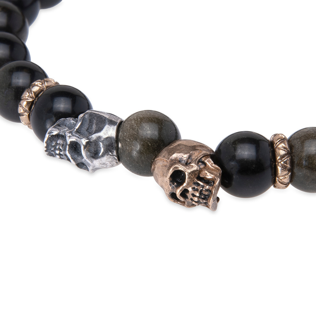 Obsidian Shinigami bead bracelet with 925 silver and bronze skulls