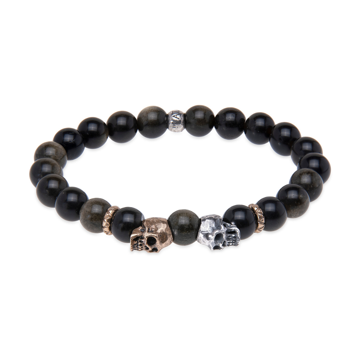 Obsidian Shinigami bead bracelet with 925 silver and bronze skulls